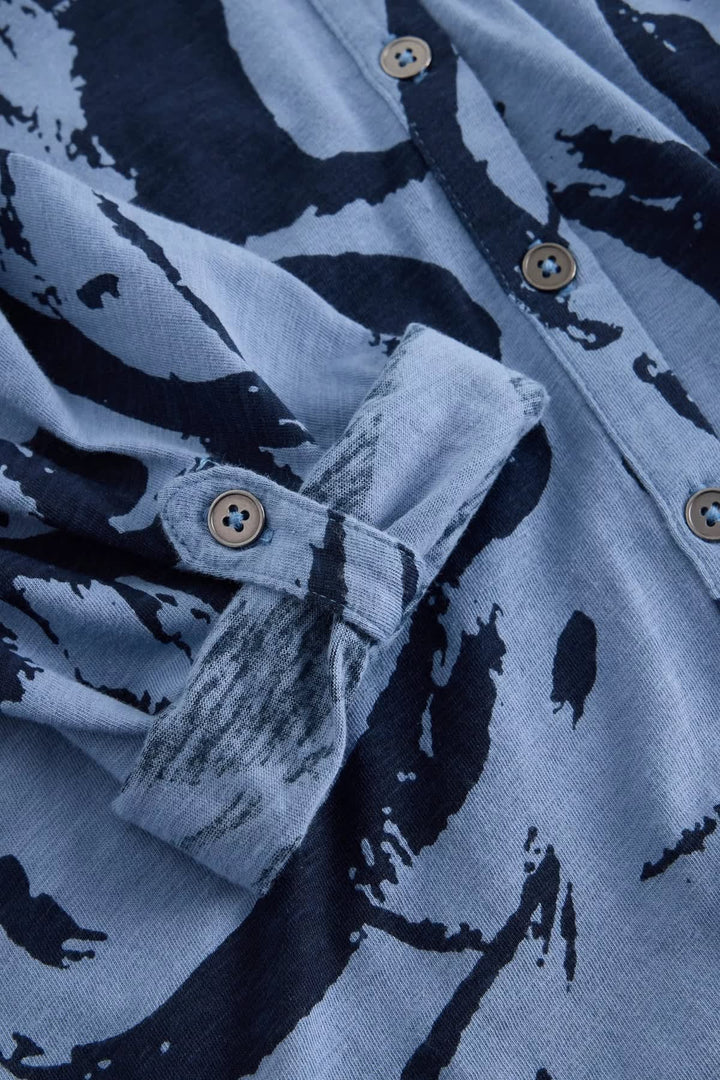 Detail view of the Valérie Simon blouse, abstract print shirt in green and blue for women White Stuff