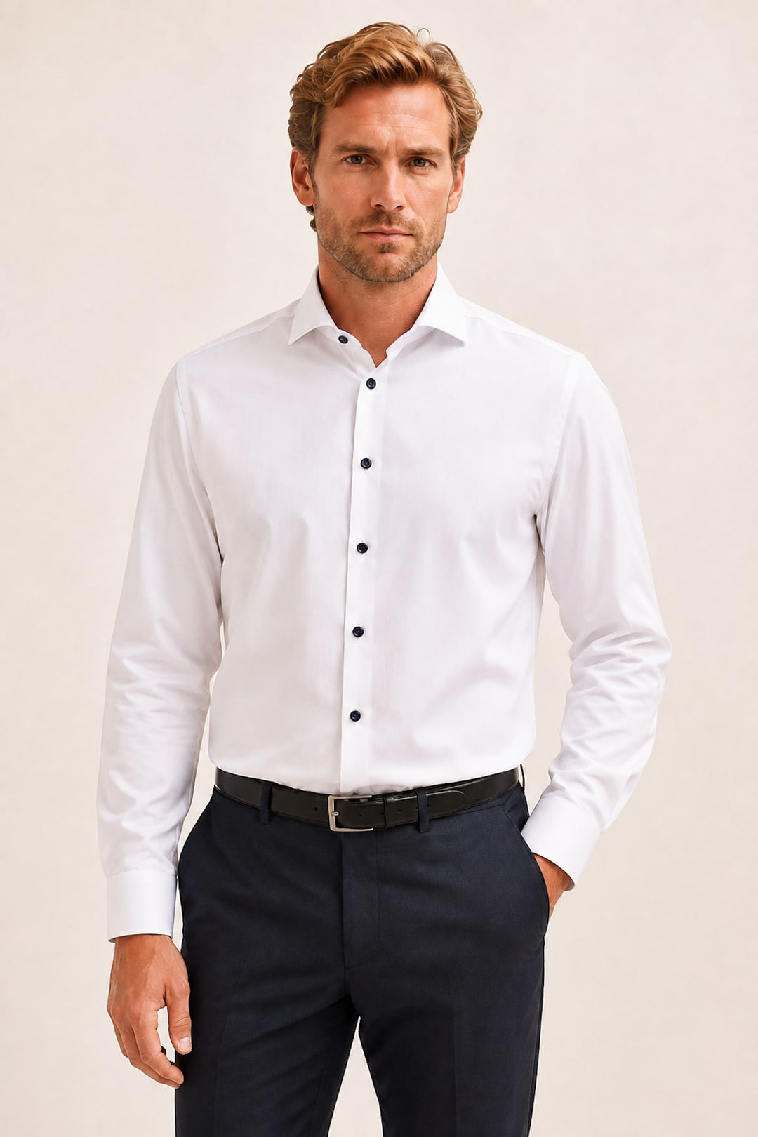 Front view of white Eton shirt for men with a textured pattern - Valérie Simon