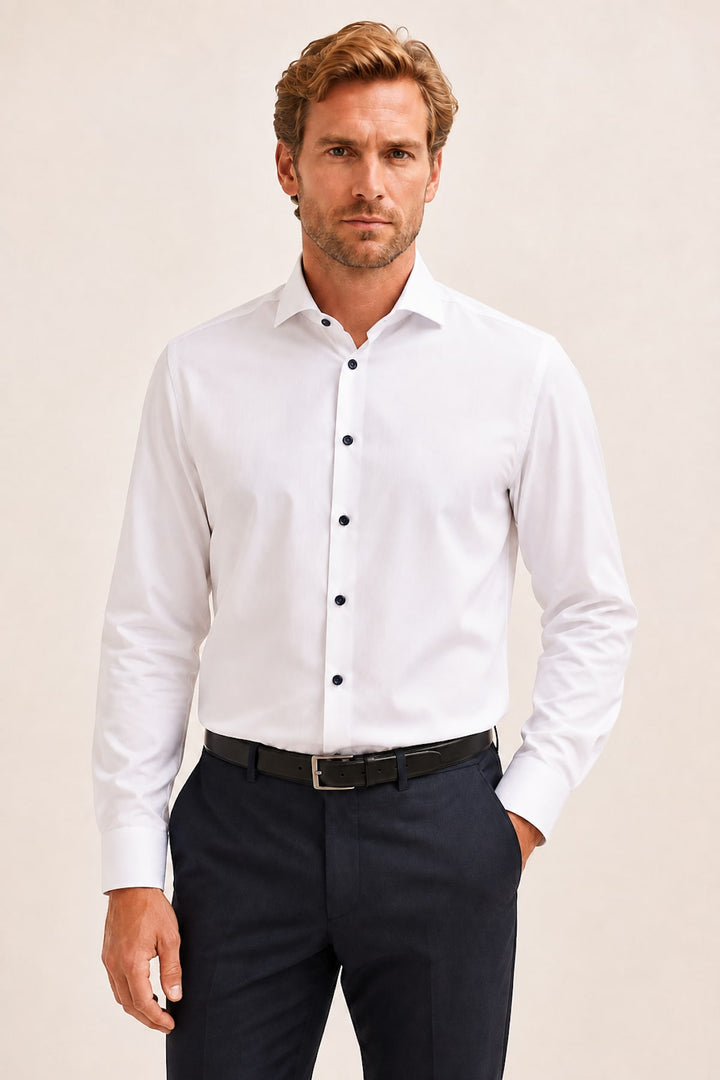 Front view of white Eton shirt for men with a textured pattern - Valérie Simon