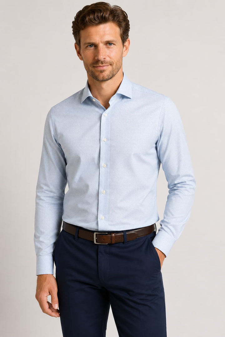 Front view of a white textured Eton dress shirt for men, featuring a collar detail - Valérie Simon