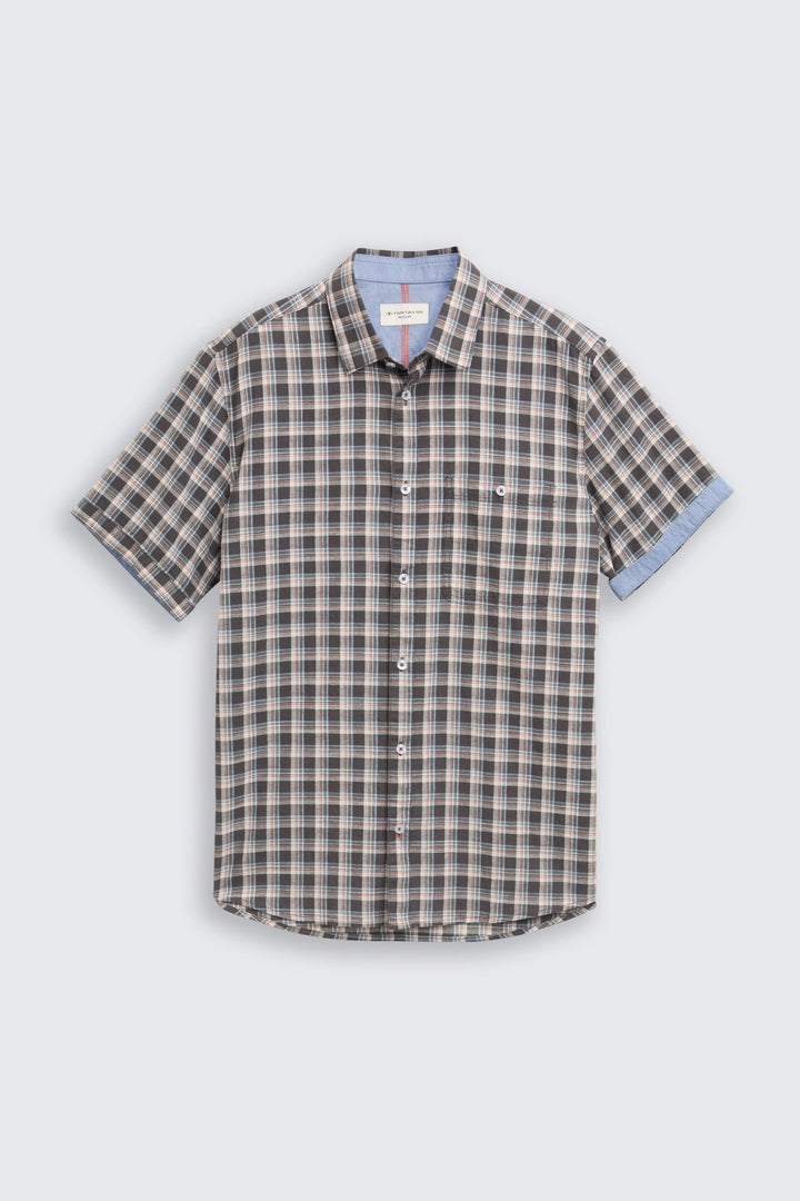 Vue de face chemise manches courtes à carreaux bleu Tom Tailor pour homme - Valérie Simon