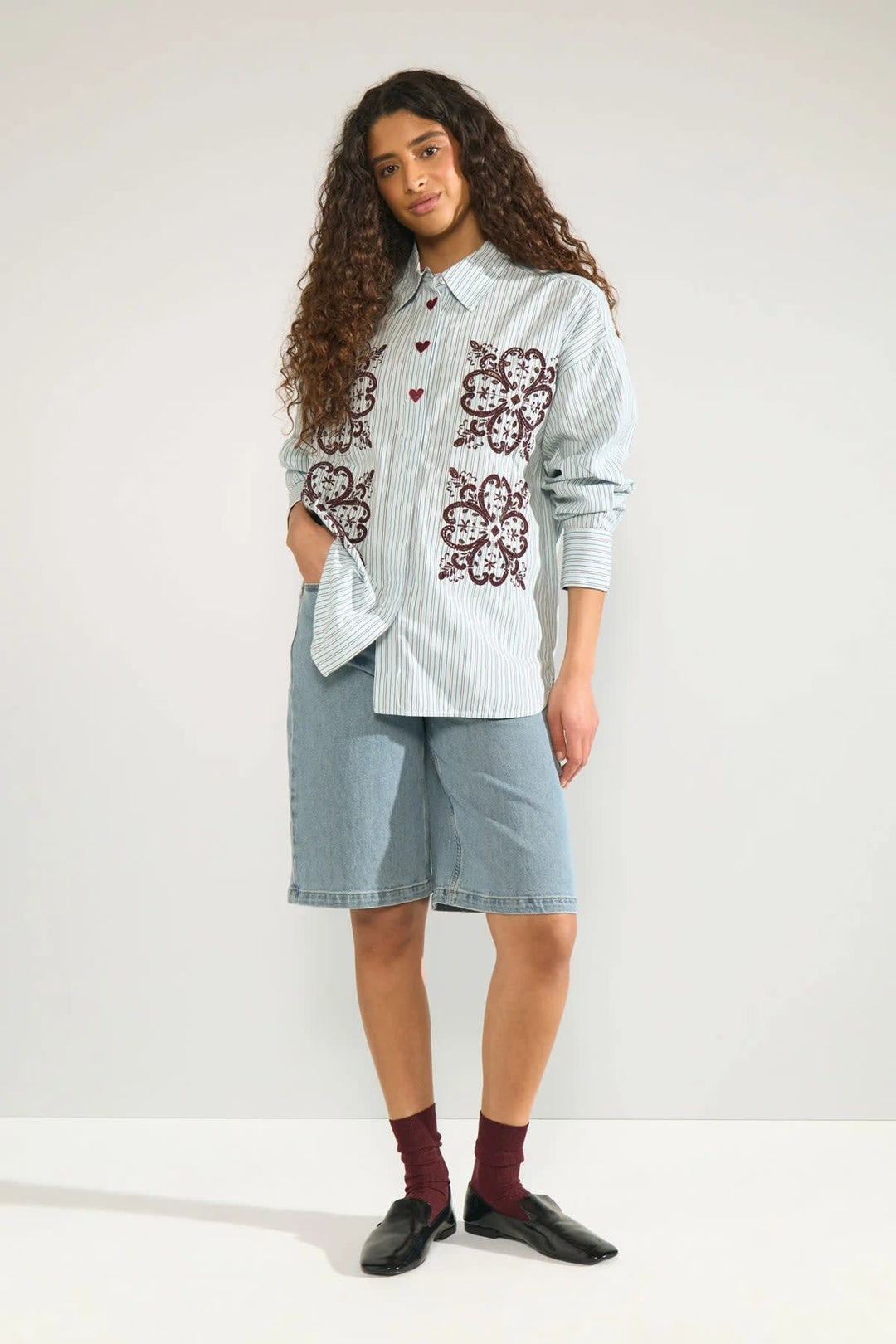 Striped shirt with embroidery, front view, for women by Numph