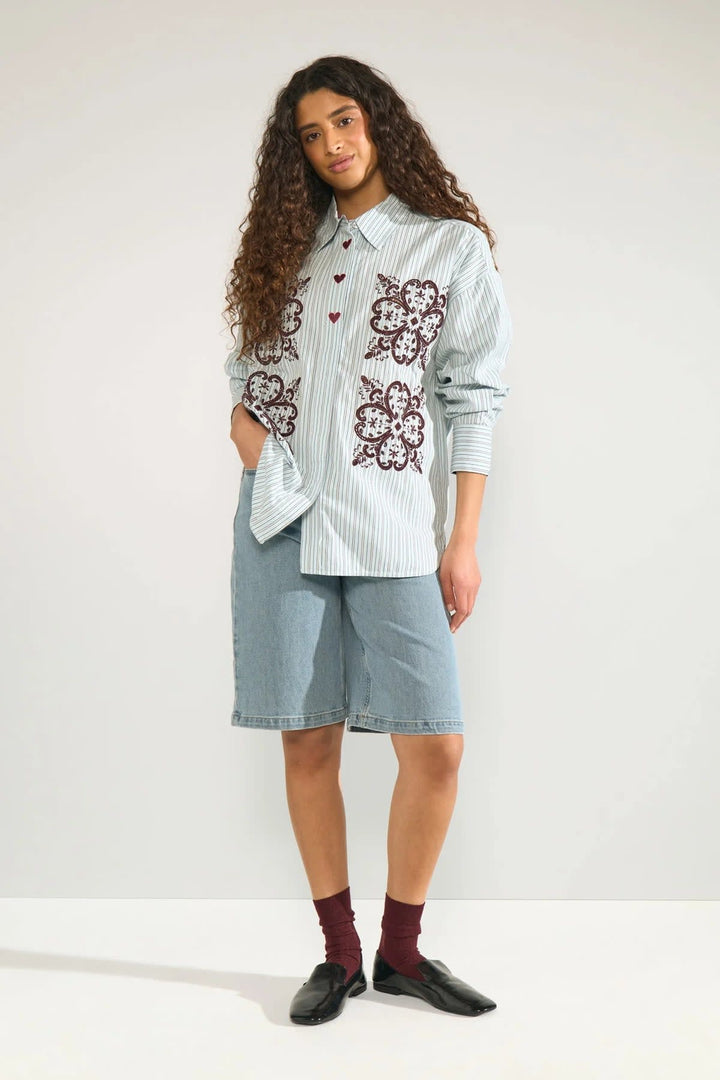 Striped shirt with embroidery, front view, for women by Numph