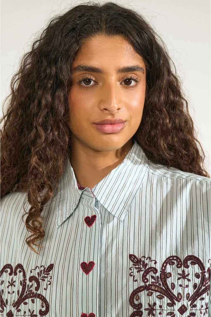 Striped shirt with embroidery, front view, for women by Numph