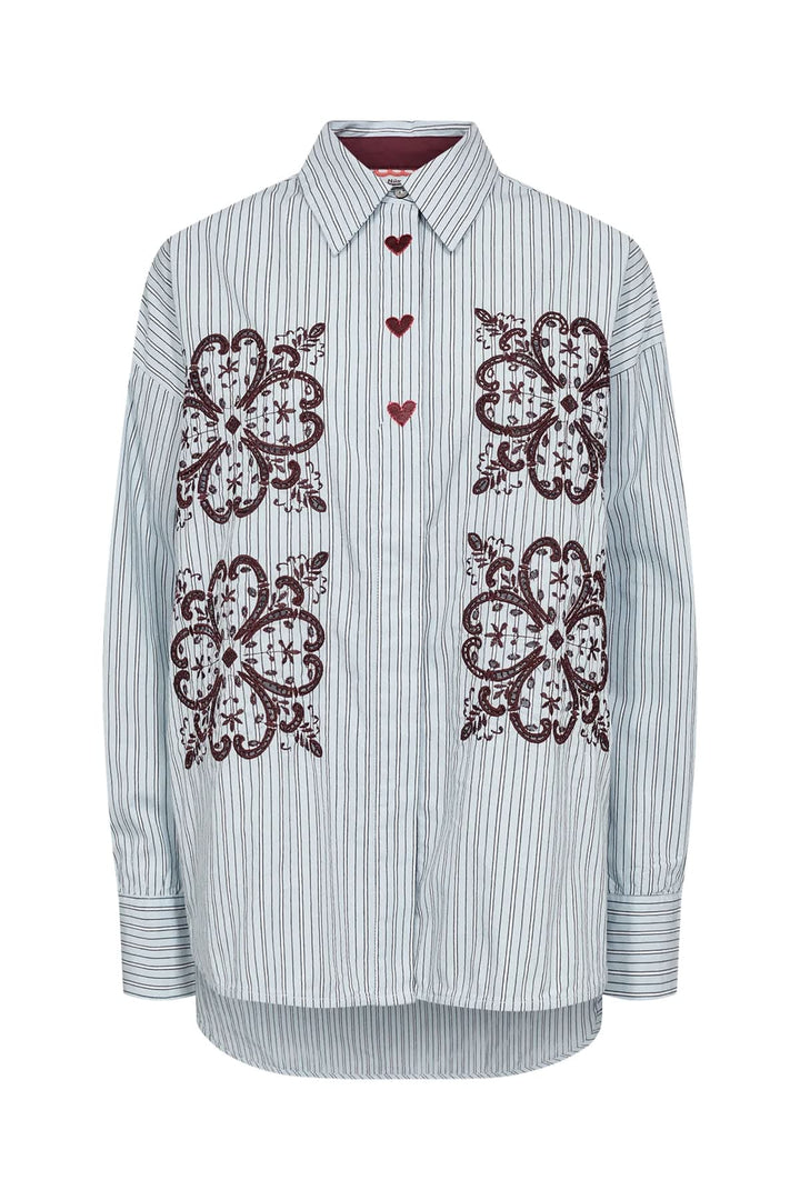 Striped shirt with embroidery, front view, for women by Numph