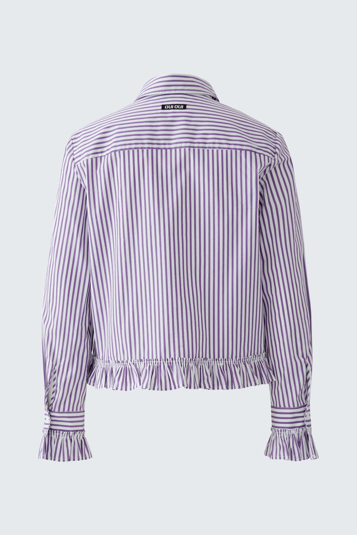Vue de face chemise rayée à volants blanc et bleu pour femme - Valérie Simon