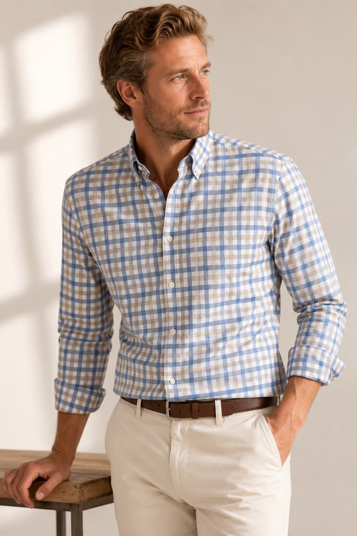Front view of a blue plaid casual shirt by Paul and Shark for men - Valérie Simon