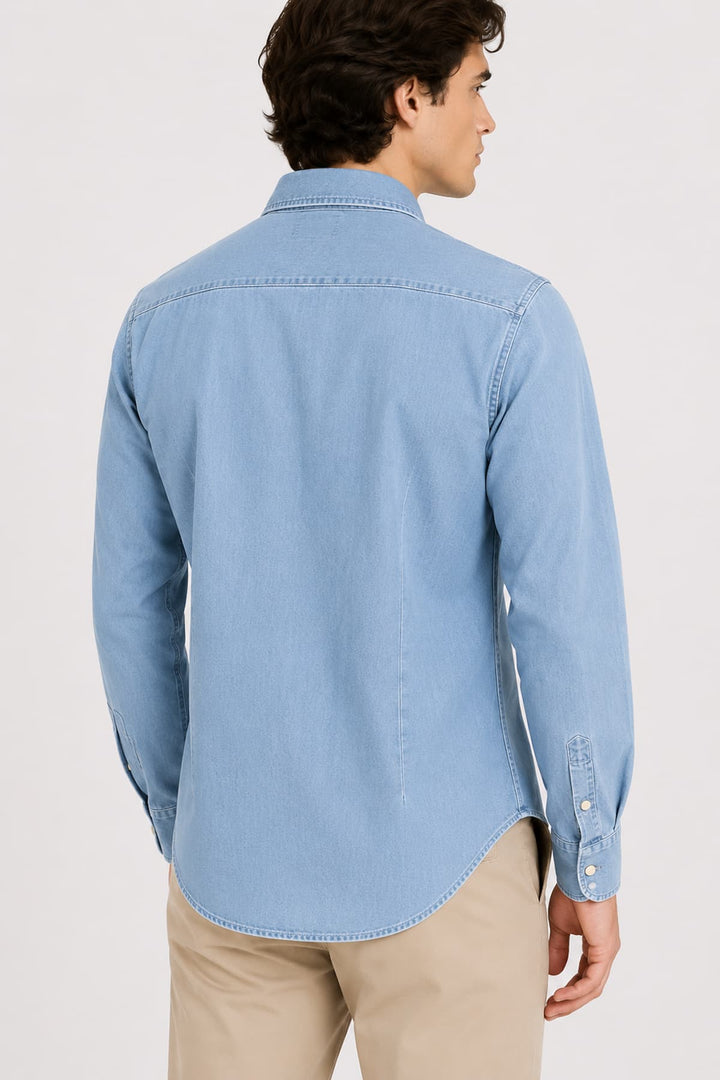 Front view of a Fradi light denim shirt for men with contrasting buttons - Valérie Simon