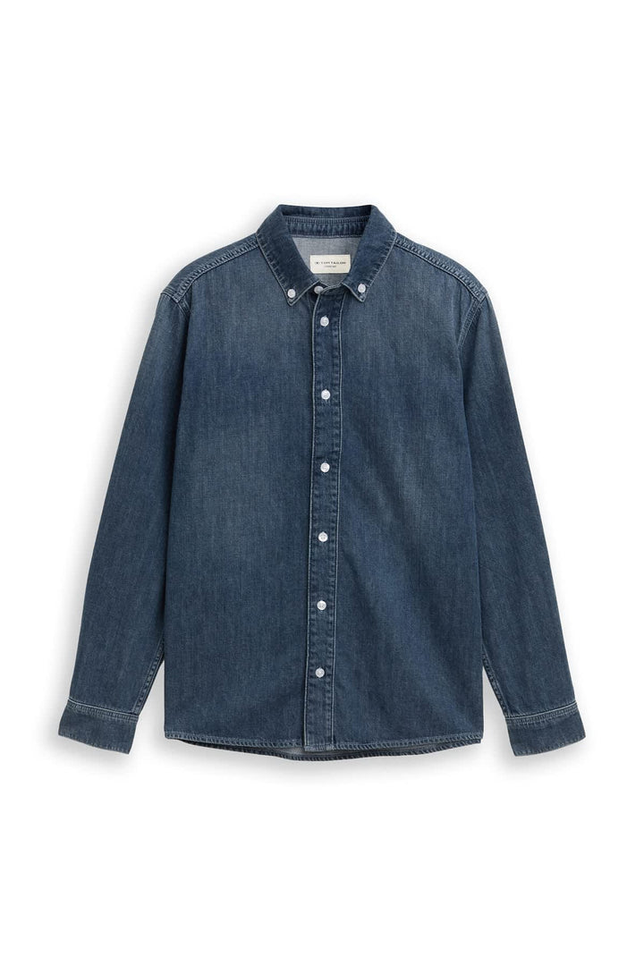Vue frontale chemise sport Tom Tailor en denim léger bleu pour homme - Valérie Simon