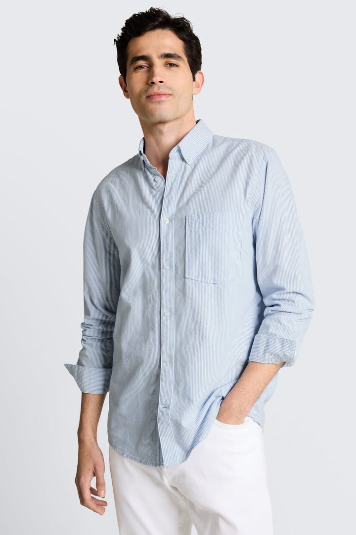 Vue de face chemise rayée Tom Tailor pour homme bleu avec col boutonné - Valérie Simon