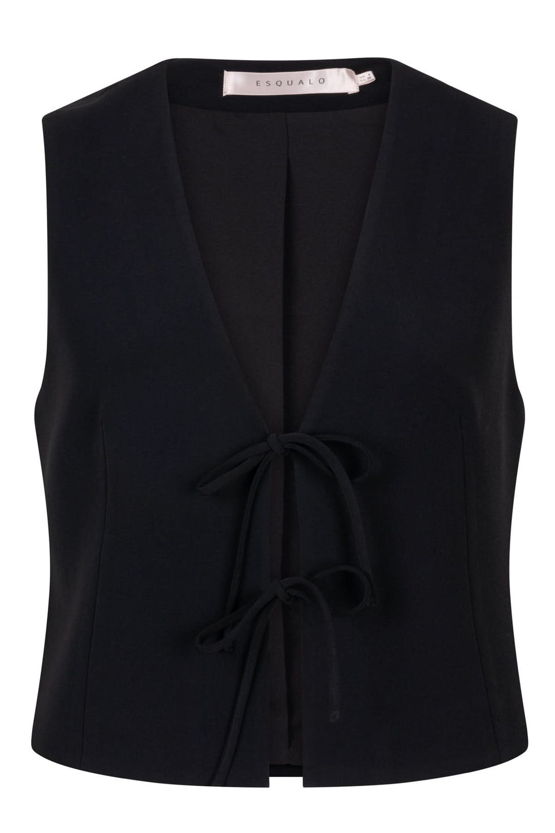 Veste sans manches noire avec décolleté en V et liens à nouer, style minimaliste et ajusté.