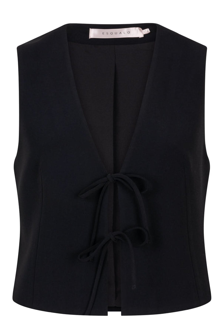 Veste sans manches noire avec décolleté en V et liens à nouer, style minimaliste et ajusté.