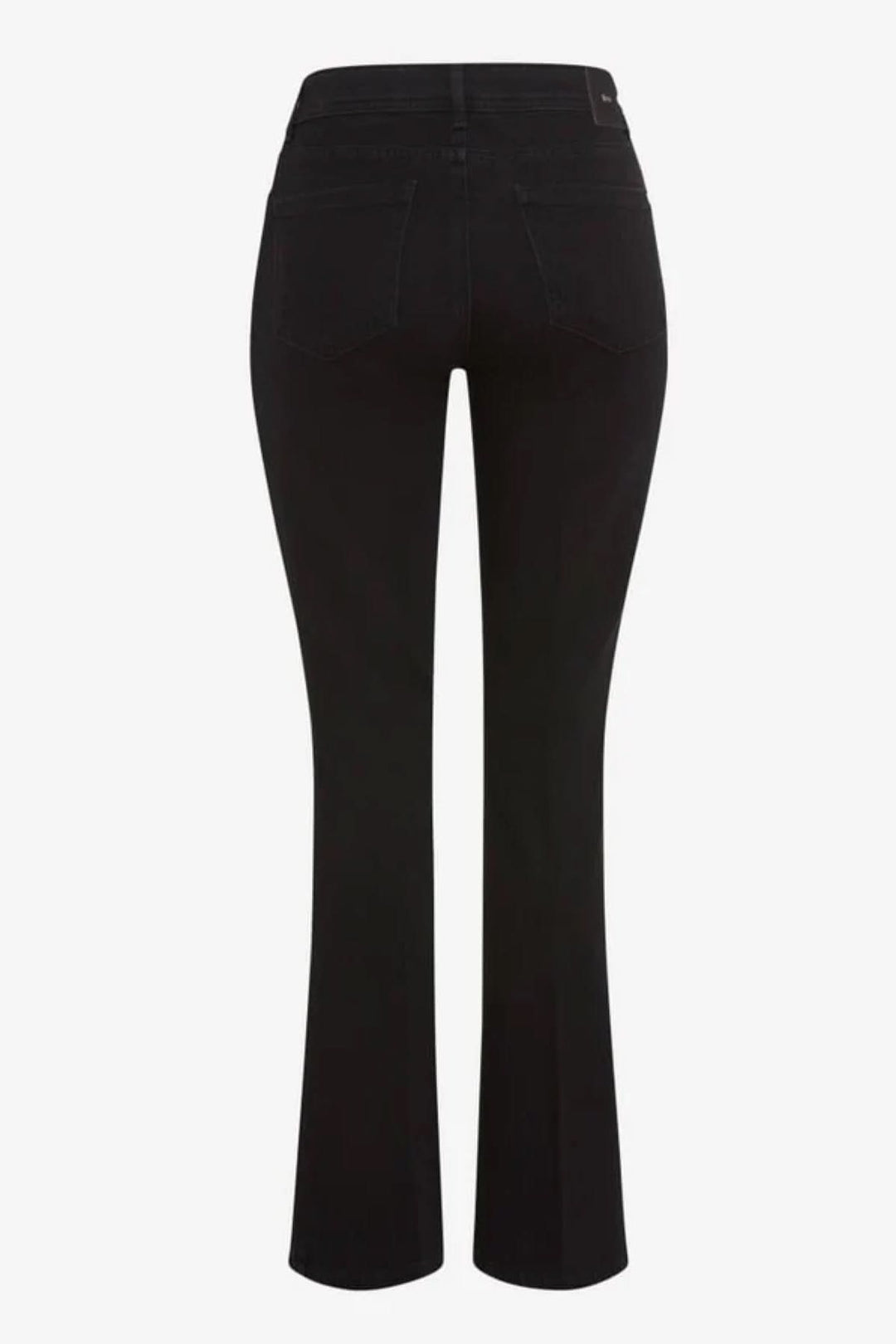 Arrière du jeans bootcut Shakira noir avec coupe évasée et taille mi-haute, denim élastique pour confort quotidien.