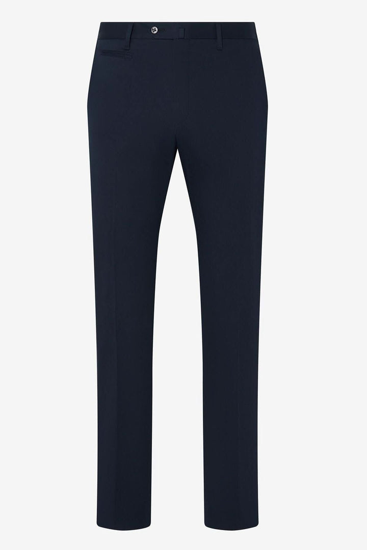 Pantalon habillé en coton extensible, coupe contemporaine, couleur bleu marine, pour un style formel ou décontracté.