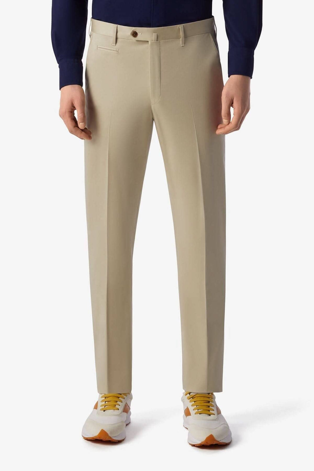 Pantalon habillé de coton extensible beige, parfait pour un style formel ou décontracté.