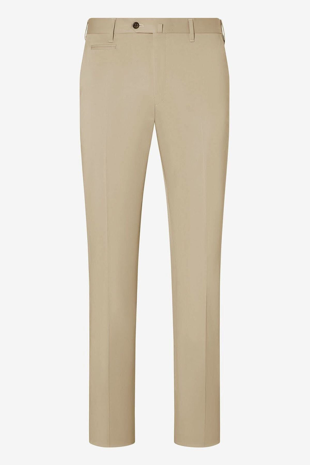 Pantalon habillé en coton beige, coupe contemporaine, idéal pour un look formel ou décontracté.