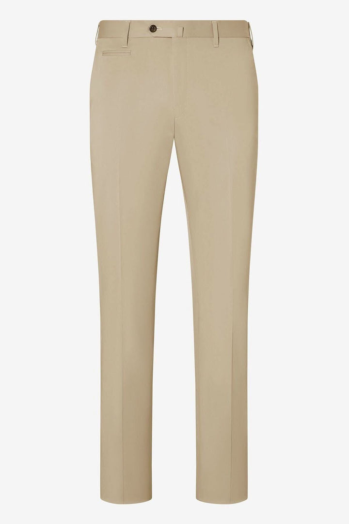 Pantalon habillé en coton beige, coupe contemporaine, idéal pour un look formel ou décontracté.