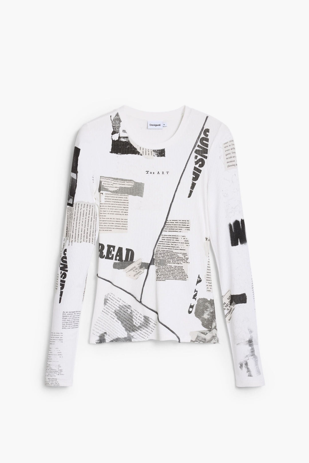 T-shirt Mickey à manches longues avec imprimé typographique inspiré de coupures de presse en noir et blanc.