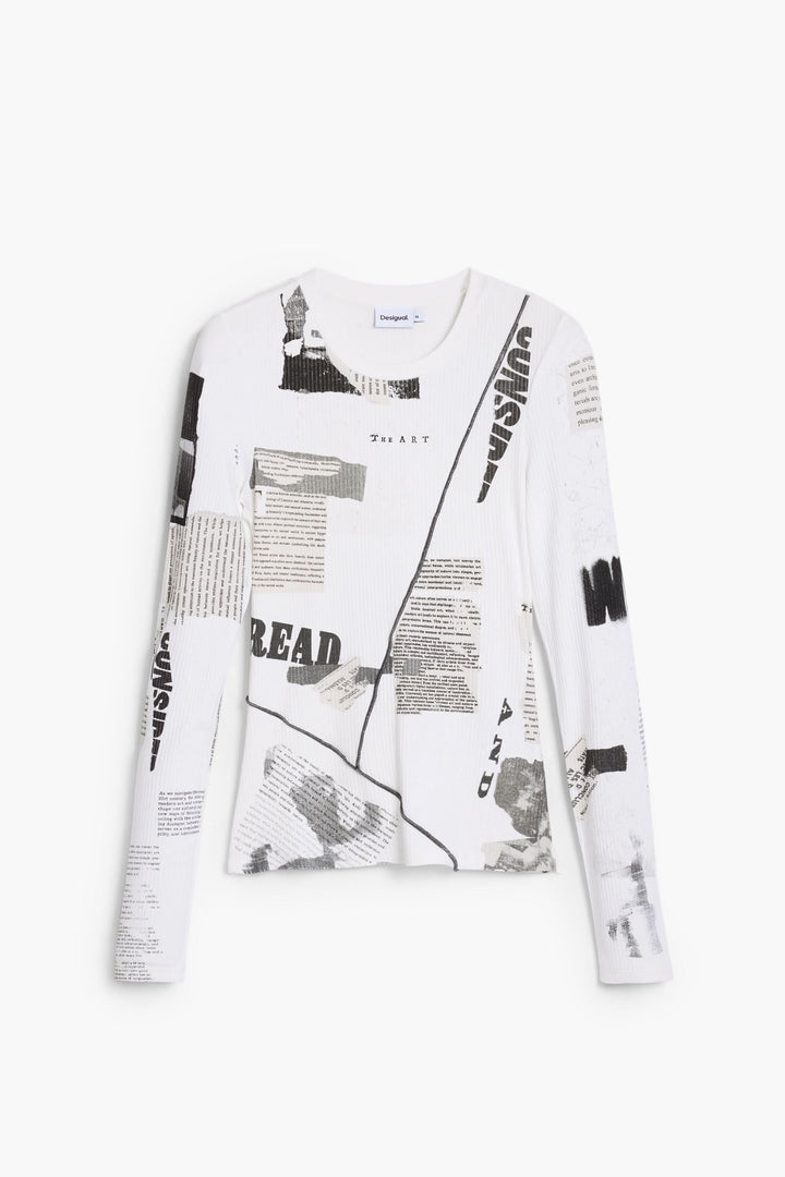 T-shirt Mickey à manches longues avec imprimé typographique inspiré de coupures de presse en noir et blanc.