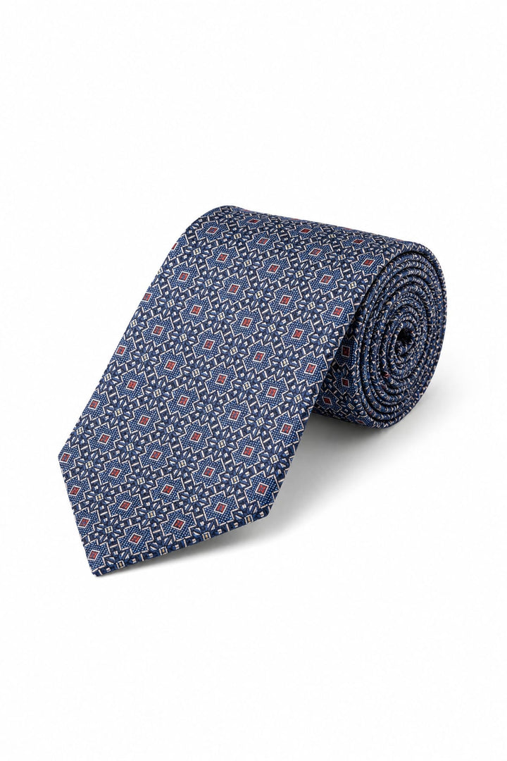 Vue de face cravate Eton à motif géométrique bleu pour homme - Valérie Simon