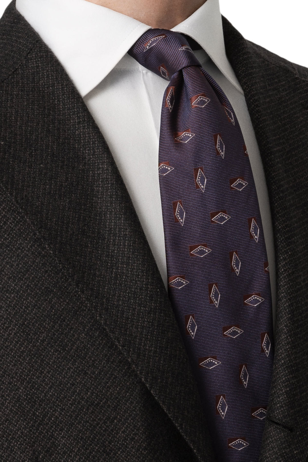 Side view of a blue and red Eton geometric-patterned silk tie for men - Valérie Simon
