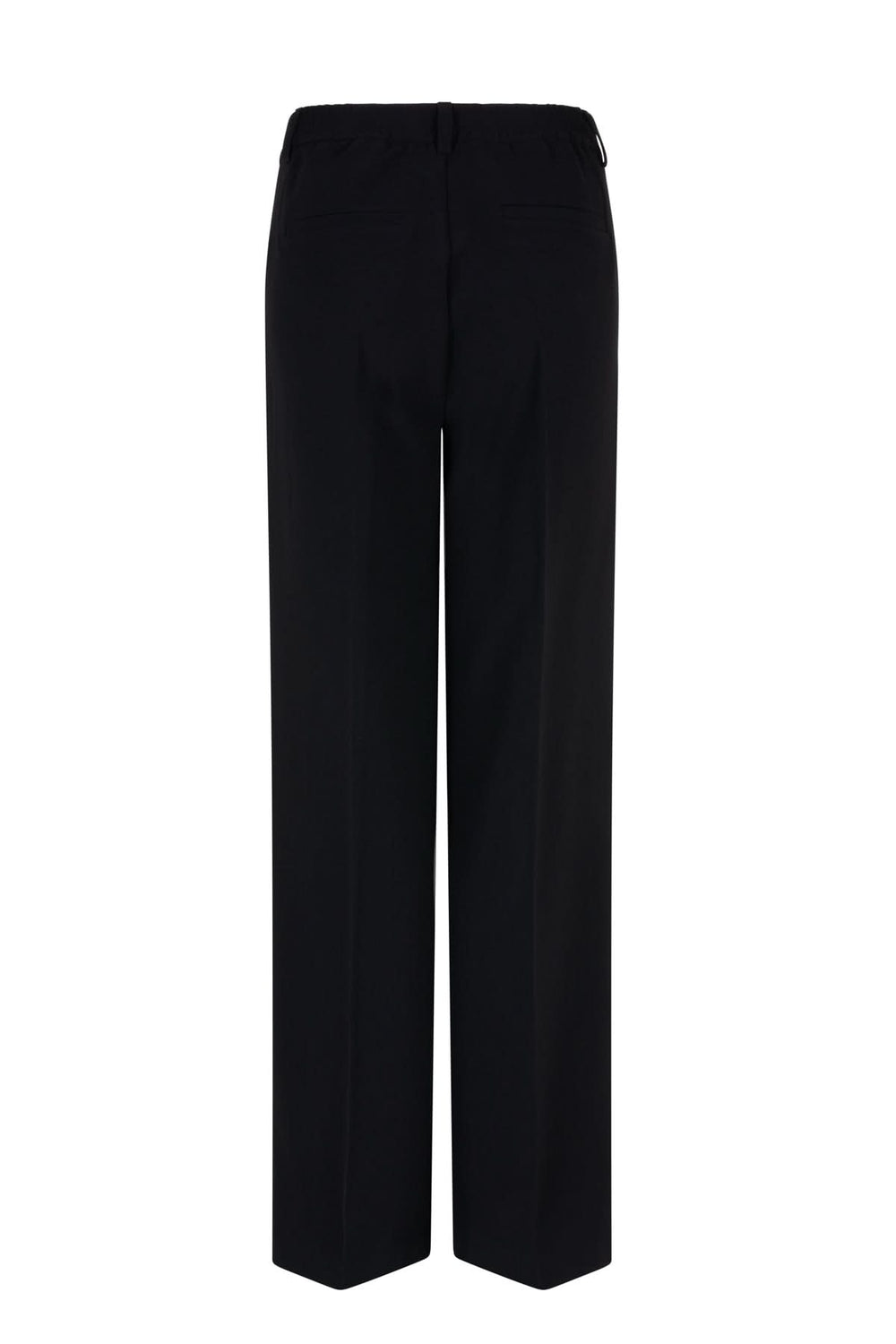 Pantalon habillé à jambe large, taille haute et plis marqués, vu de dos, élégant et moderne.