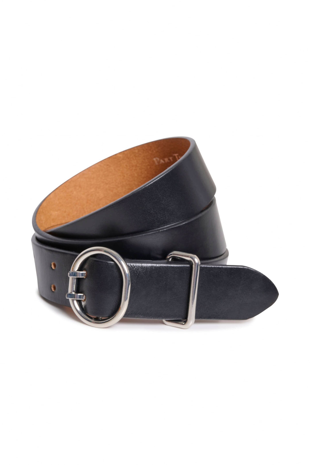 Ceinture en cuir Emira noire large avec boucle argentée, ajustable pour un style moderne.