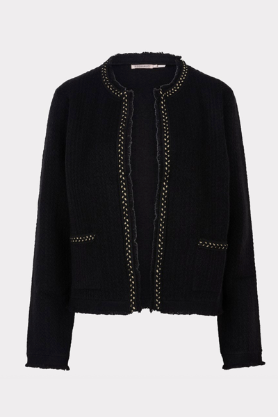 Cardigan chic noir avec détails en contraste, coupe structurée, adapté pour un look professionnel ou décontracté.