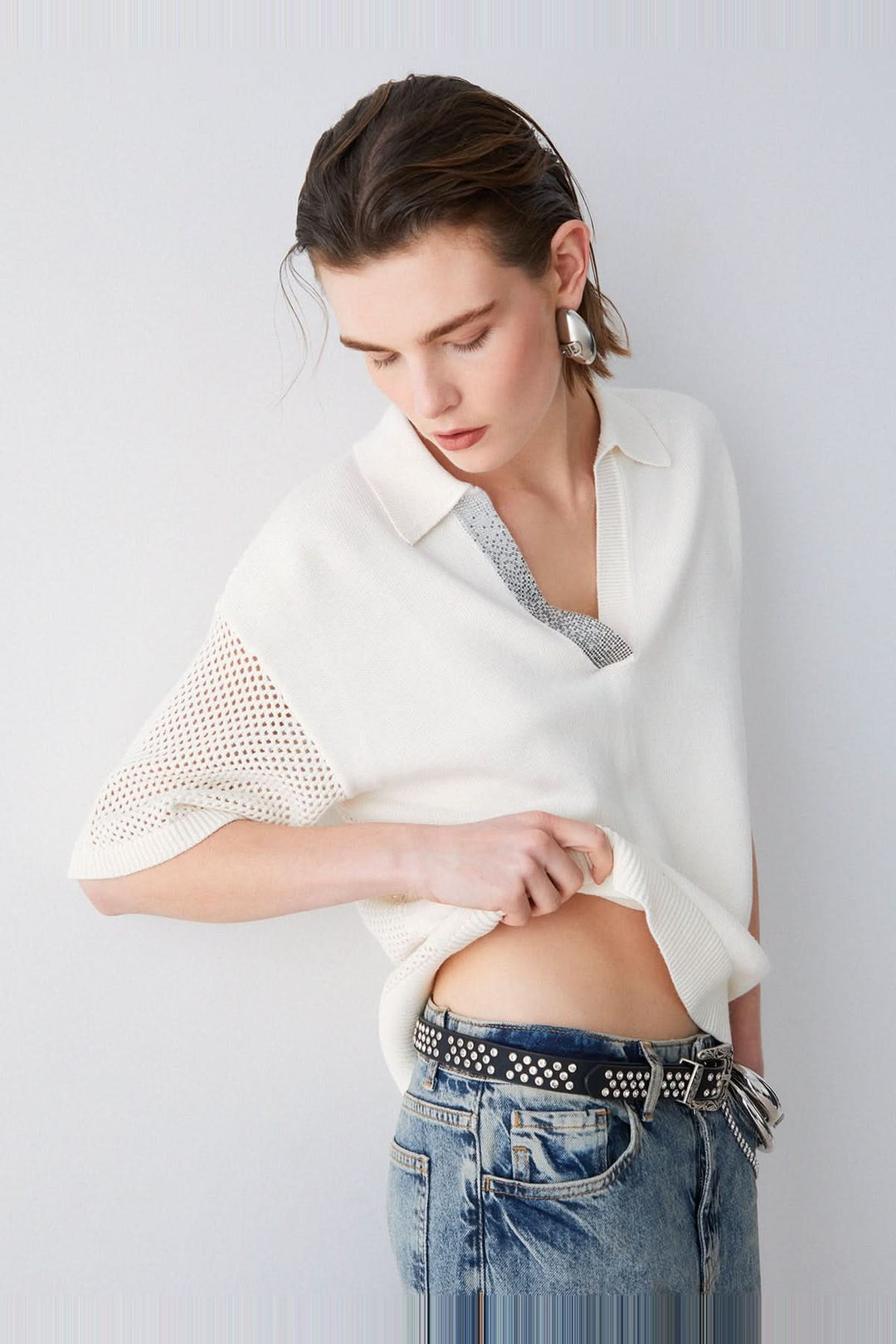 Chandail en maille avec col polo et strass