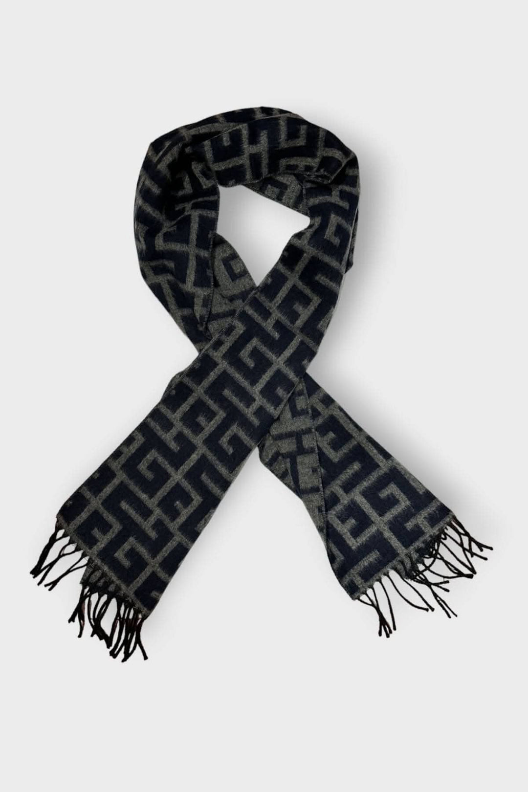 Foulard en cachemire à motifs géométriques, noir et gris, avec franges, 180CM X 30CM.