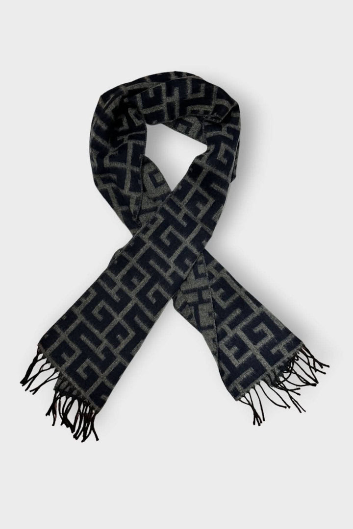 Foulard en cachemire à motifs géométriques, noir et gris, avec franges, 180CM X 30CM.