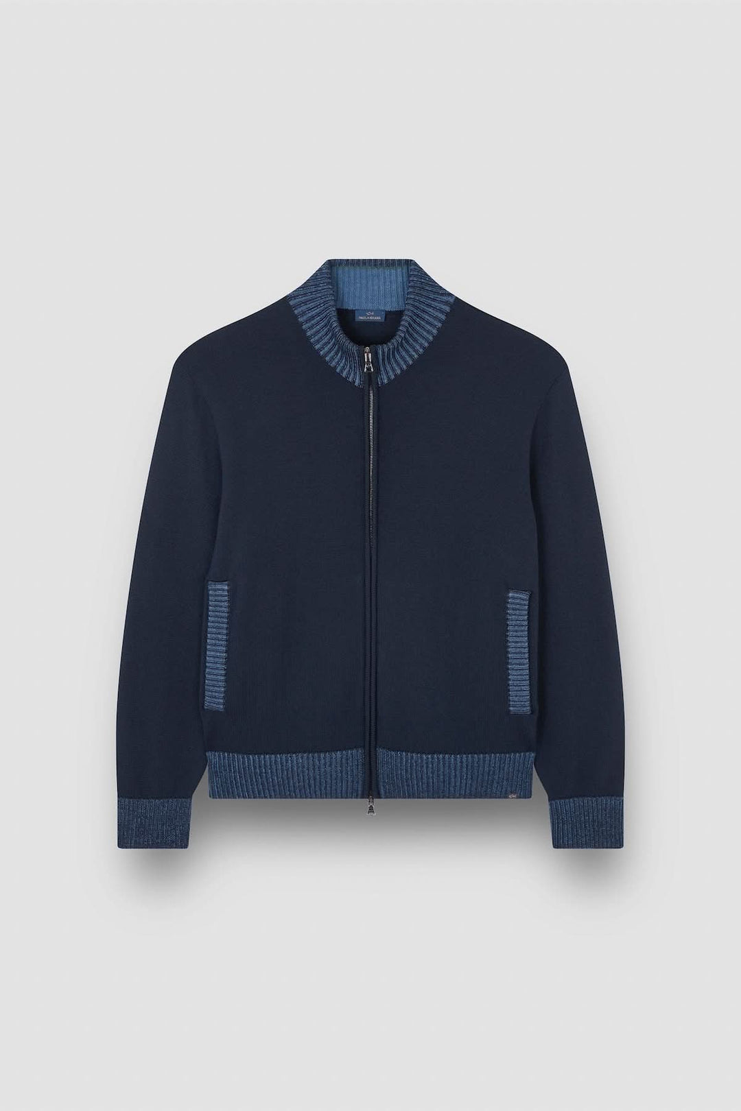 Cardigan à fermeture éclair, tricot fin, col et poignets contrastants, silhouette contemporaine.