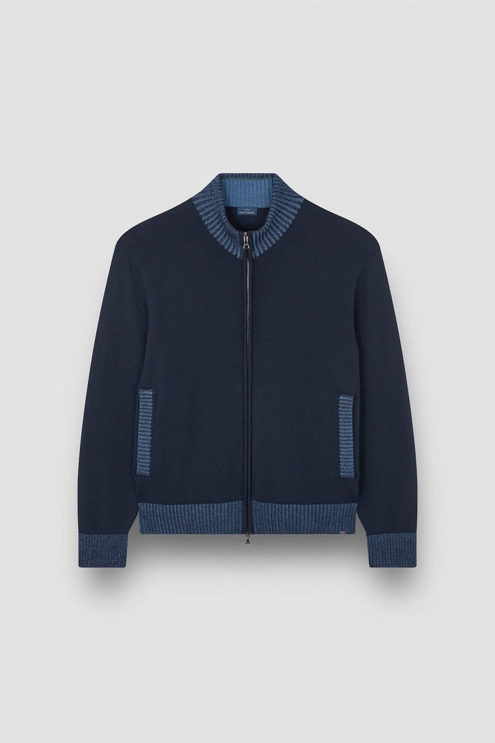 Cardigan à fermeture éclair, tricot fin, col et poignets contrastants, silhouette contemporaine.