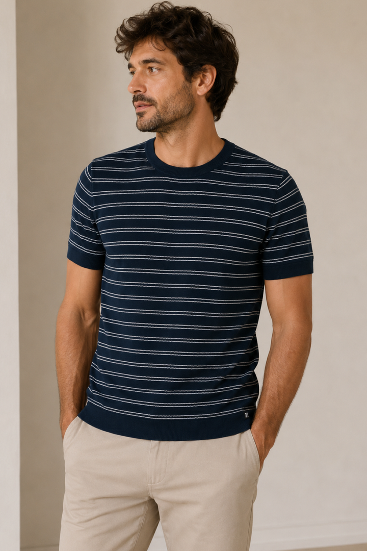 Short-sleeved striped knit T-shirt