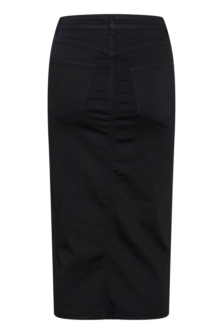 Jupe longue Dima, jupe midi en denim extensible, style moderne avec fente avant, coupe droite et taille régulière.