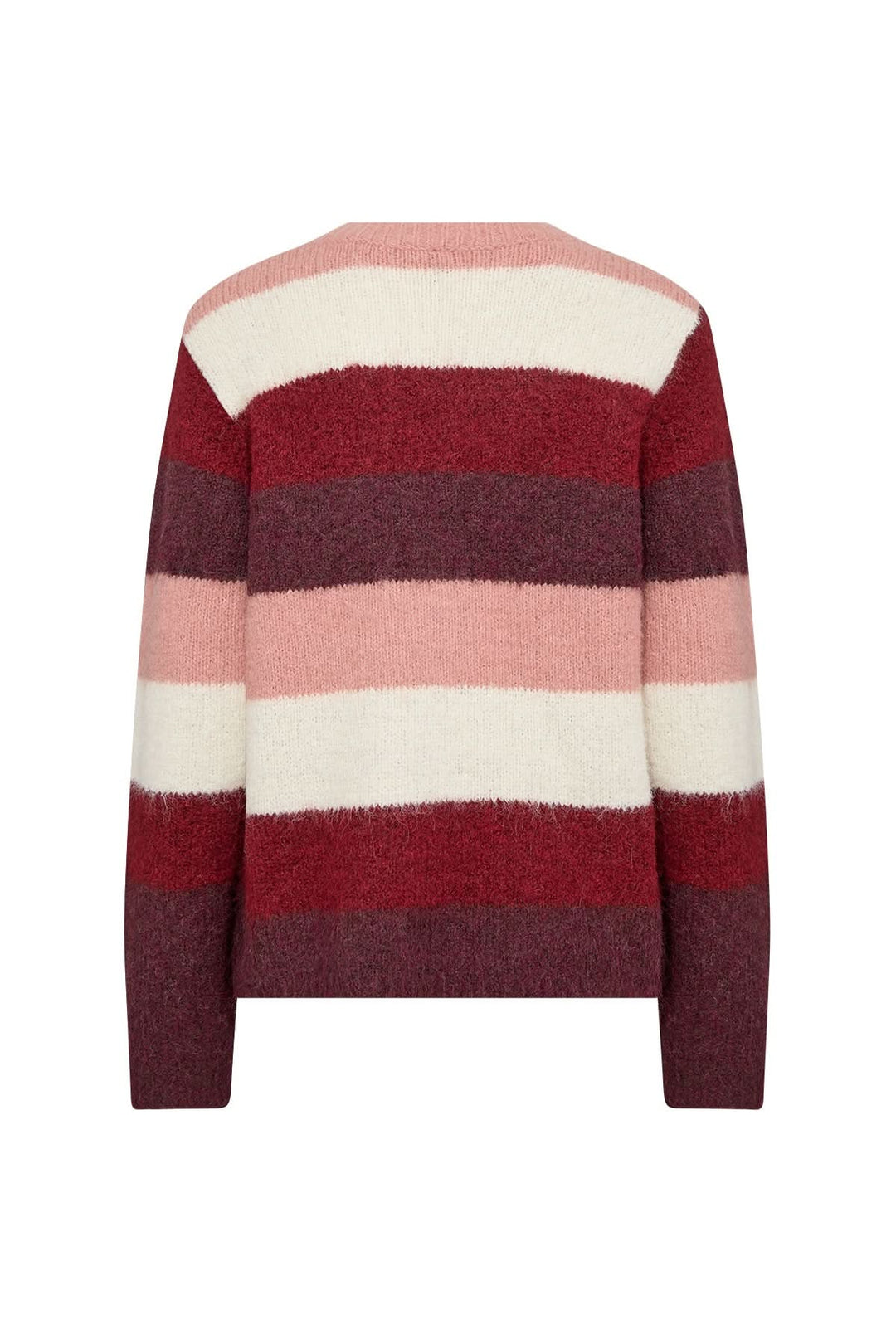 Tricot à rayures larges avec texture duveteuse et encolure ronde, arrière en couleurs rose et bordeaux.