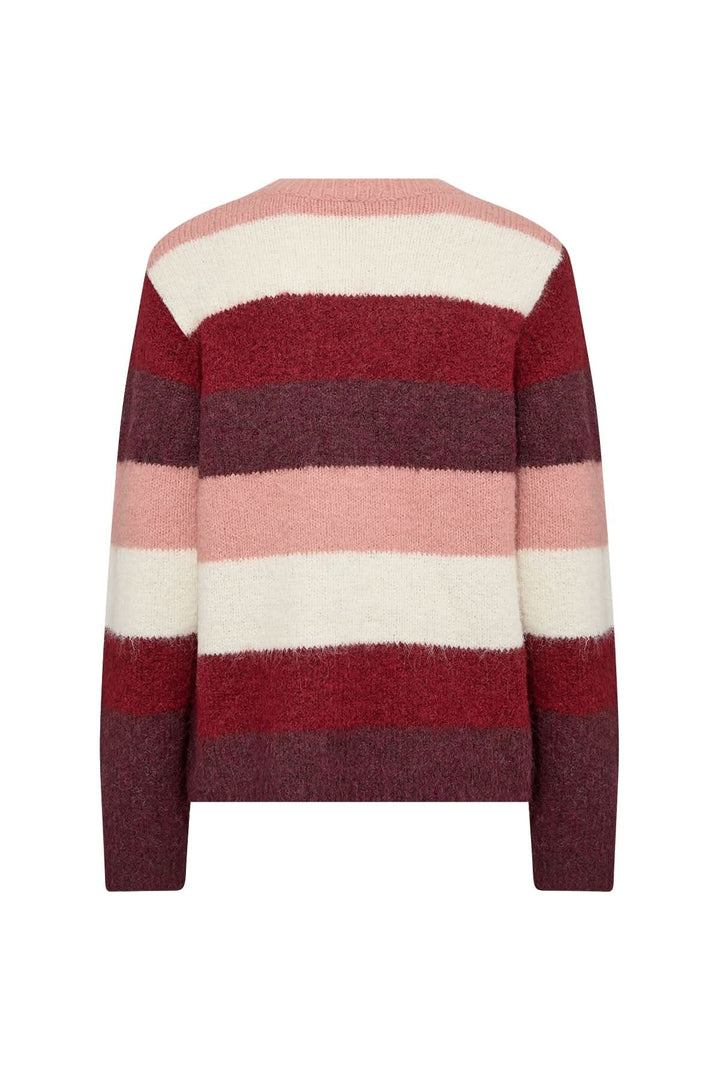 Tricot à rayures larges avec texture duveteuse et encolure ronde, arrière en couleurs rose et bordeaux.