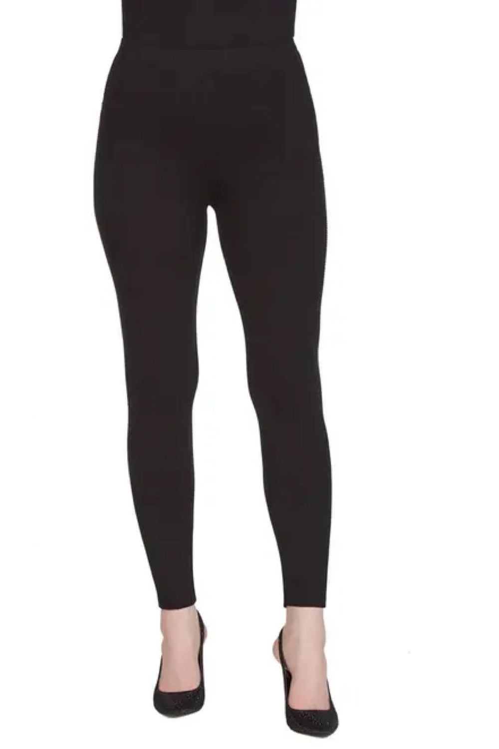 Legging noir avec bande brillante sur les côtés, tissu jersey confortable, élastique et chic.