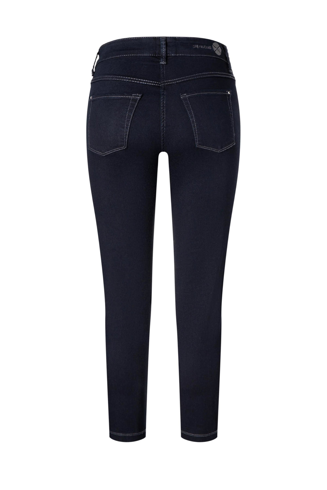 Jean ajusté 7/8 noir, vue arrière, avec poches et surpiqûres contrastantes.