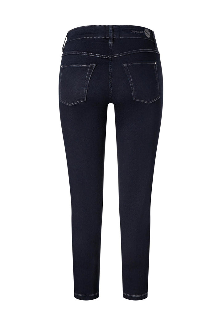 Jean ajusté 7/8 noir, vue arrière, avec poches et surpiqûres contrastantes.