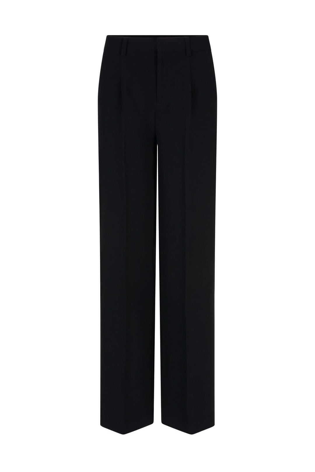 Pantalon habillé à jambe large noir avec taille haute et plis marqués, élégant et moderne.