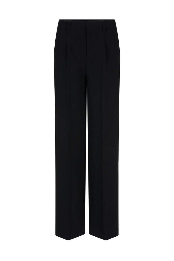 Pantalon habillé à jambe large noir avec taille haute et plis marqués, élégant et moderne.