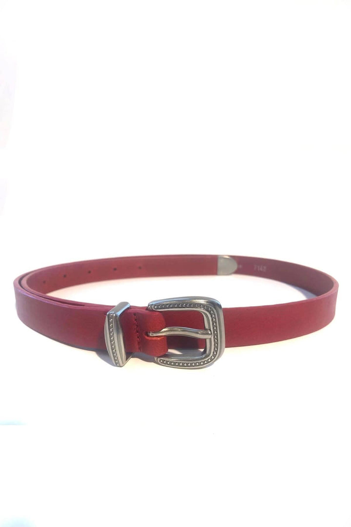 Ceinture mince en cuir rouge avec boucle en métal, parfaite pour définir la taille sur une robe.