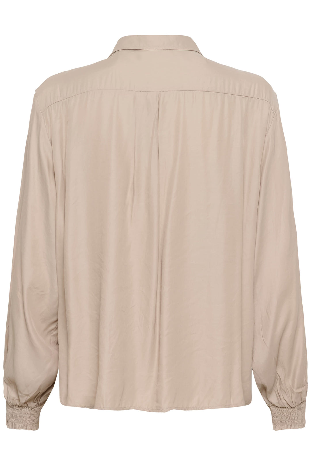 Blouse Nola fluide à poignets smockés beige vue arrière élégante et confortable, décris moi le produit en français.