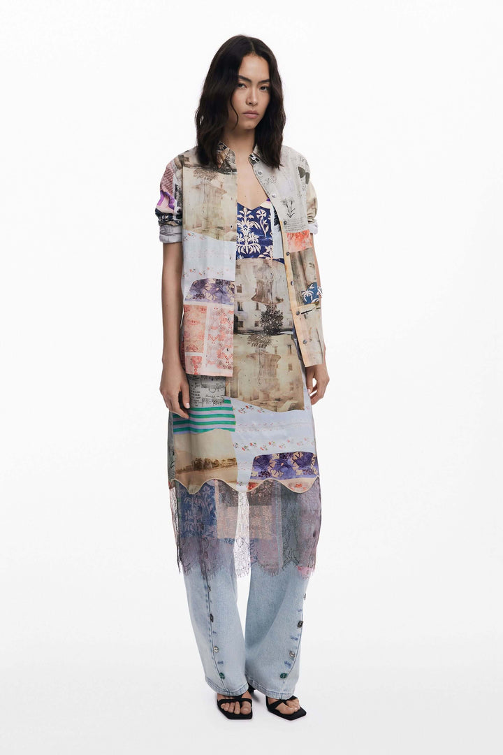 Chemise manches longues au design vintage, imprimé collage avec illustrations et textures, style audacieux et créatif.