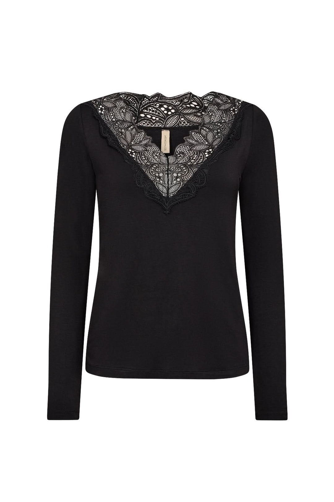 Chandail encolure en V en noir avec dentelle délicate, manches longues, chic et confortable.