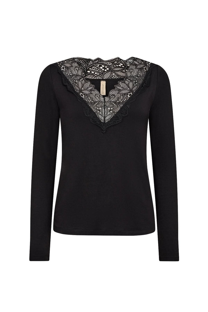 Chandail encolure en V en noir avec dentelle délicate, manches longues, chic et confortable.