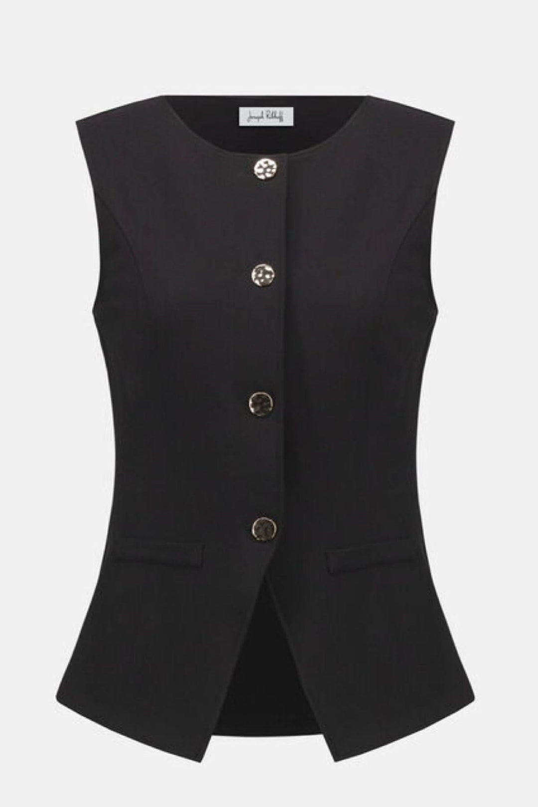 Veste noire sans manches cintrée avec encolure ronde et boutons dorés, style chic et professionnel.