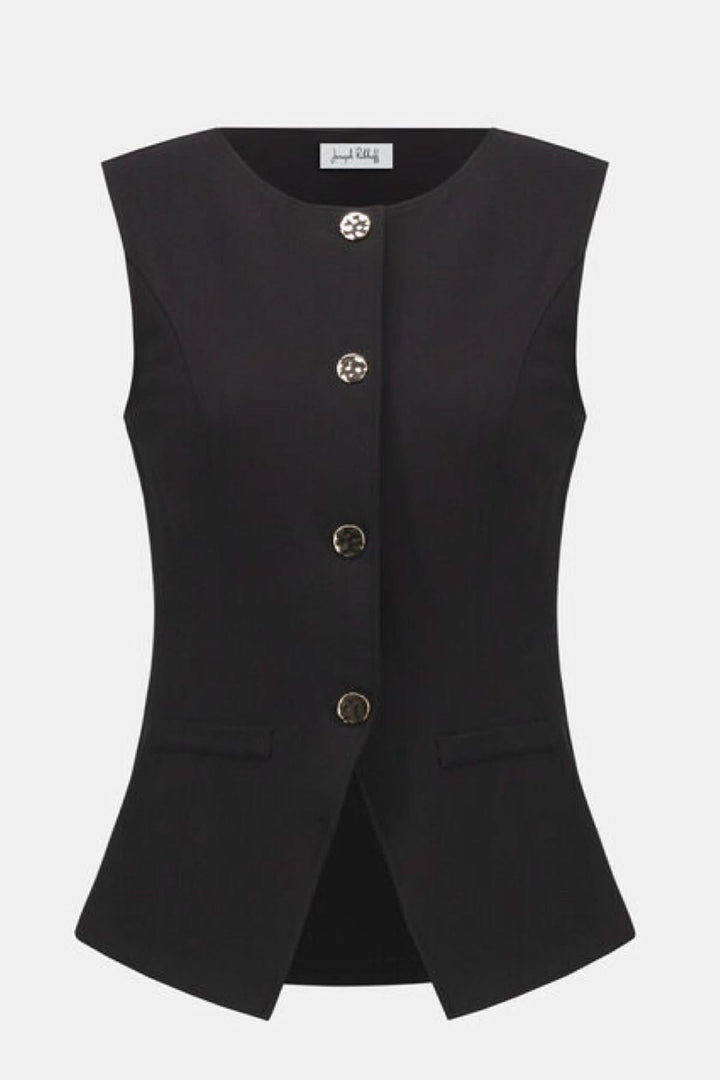 Veste noire sans manches cintrée avec encolure ronde et boutons dorés, style chic et professionnel.