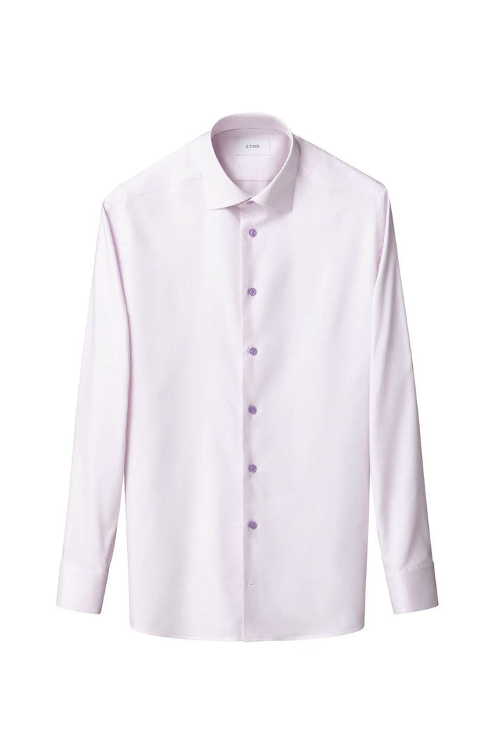 Chemise en coton lilas à effet texturé avec col cutaway et boutons assortis, élégante pour bureau ou occasions spéciales en français.